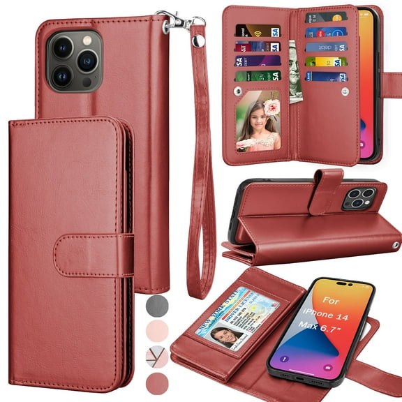 For Apple iPhone 14 Plus Wallet Case, EBIZCITY Luxury Cash Credit Card Slots Holder PU Leather Flip Cover [Detachable Magnetic TPU Case] & Kickstand & Wristlet Strap Cover -Wine Red