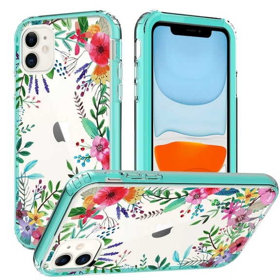 For Apple iPhone 14 Pro (6.1") Beautiful Design 3in1 Hybrid Triple Layer Armor Hard PC Plastic Rubber Frame Cover ,Xpm Phone Case [ Teal Spring Flowers ]