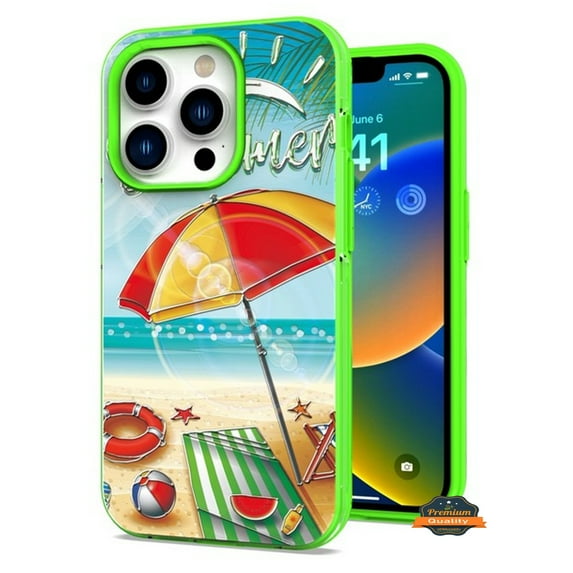 For Apple iPhone 14 Pro (6.1") Fashion Pattern Design Shockproof Protection TPU Rubber Frame and Hard Back Slim Phone Case Cover by Xpression - Summer Vibes