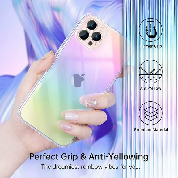For Apple iPhone 14 Pro (6.1") Holographic Color Changing Transparent Clear Iridescent Design Acrylic Hybrid Cover ,Xpm Phone Case [ Rainbow Iridescent ]