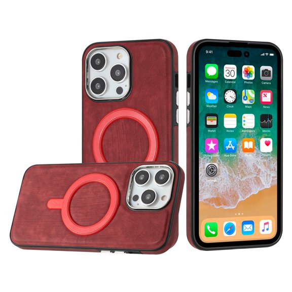 For Apple iPhone 14 Pro (6.1") PU Vegan Leather Chrome Edged Hybrid Hard TPU Rubber Compatible with MagSafe Cover ,Xpm Phone Case [ Red ]