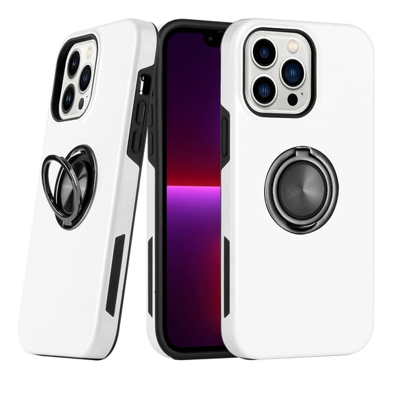 For Apple iPhone 14 Pro 6.1 inch Metal Ring Stand Magnetic Car Mount Hybrid Impact Protective Shockproof Case Cover White