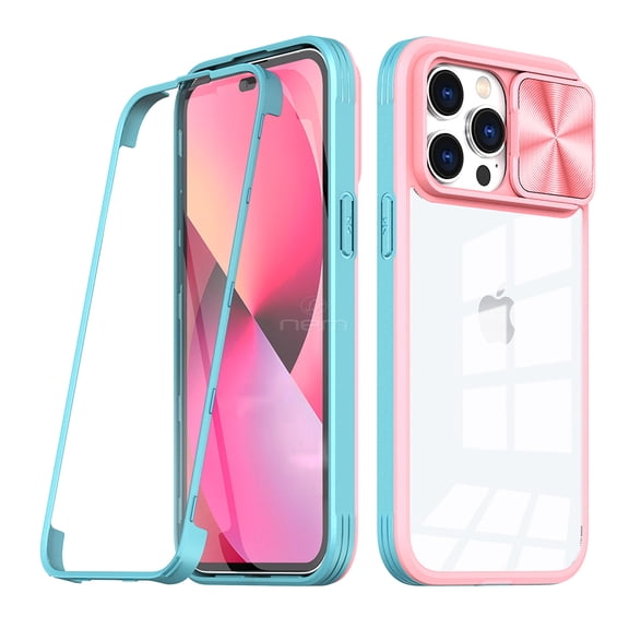 For Apple iPhone 14 Pro 6.1 inch Transparent Crystal Build-in Screen Slide Lens Shockproof Protective Hybrid Case Cover Pink