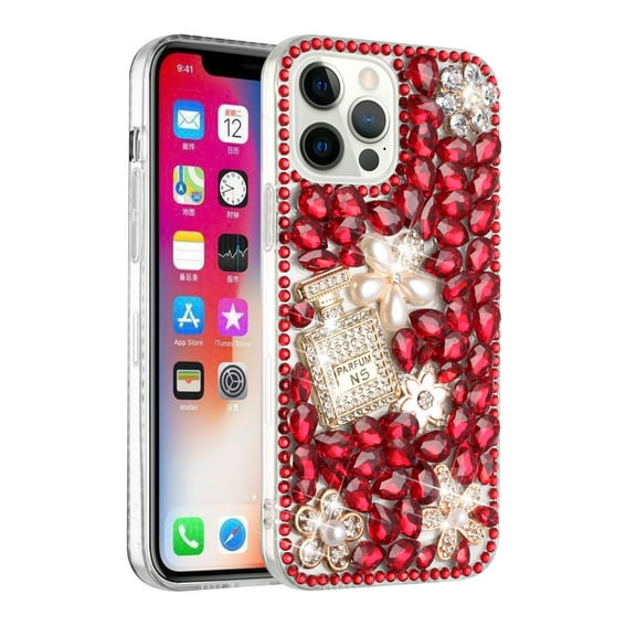 For Apple iPhone 14 Pro Max (6.7") Bling Crystal 3D Full Diamond Luxury Transparent Rhinestone Hybrid Cover ,Xpm Phone Case [ Red Pearl Flowers Perfume ]