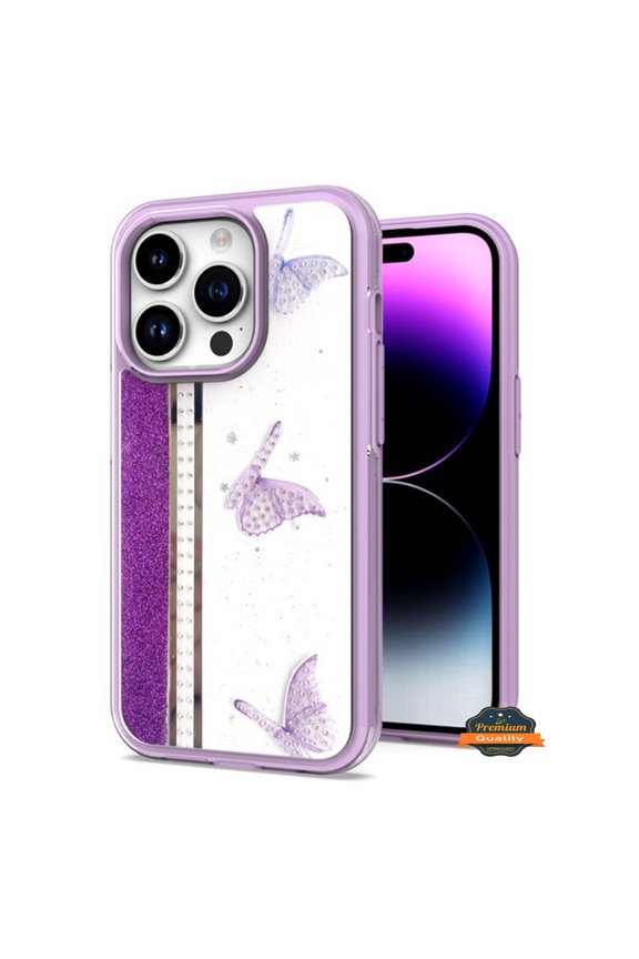 For Apple iPhone 14 Pro Max (6.7") Butterflies Design Bling Glitter Shockproof Hybrid TPU Frame and Hard Back Slim Phone Case Cover by Xpression - ButterFly Purple