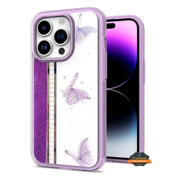 For Apple iPhone 14 Pro Max (6.7") Butterflies Design Bling Glitter Shockproof Hybrid TPU Frame and Hard Back Slim Phone Case Cover by Xpression - ButterFly Purple