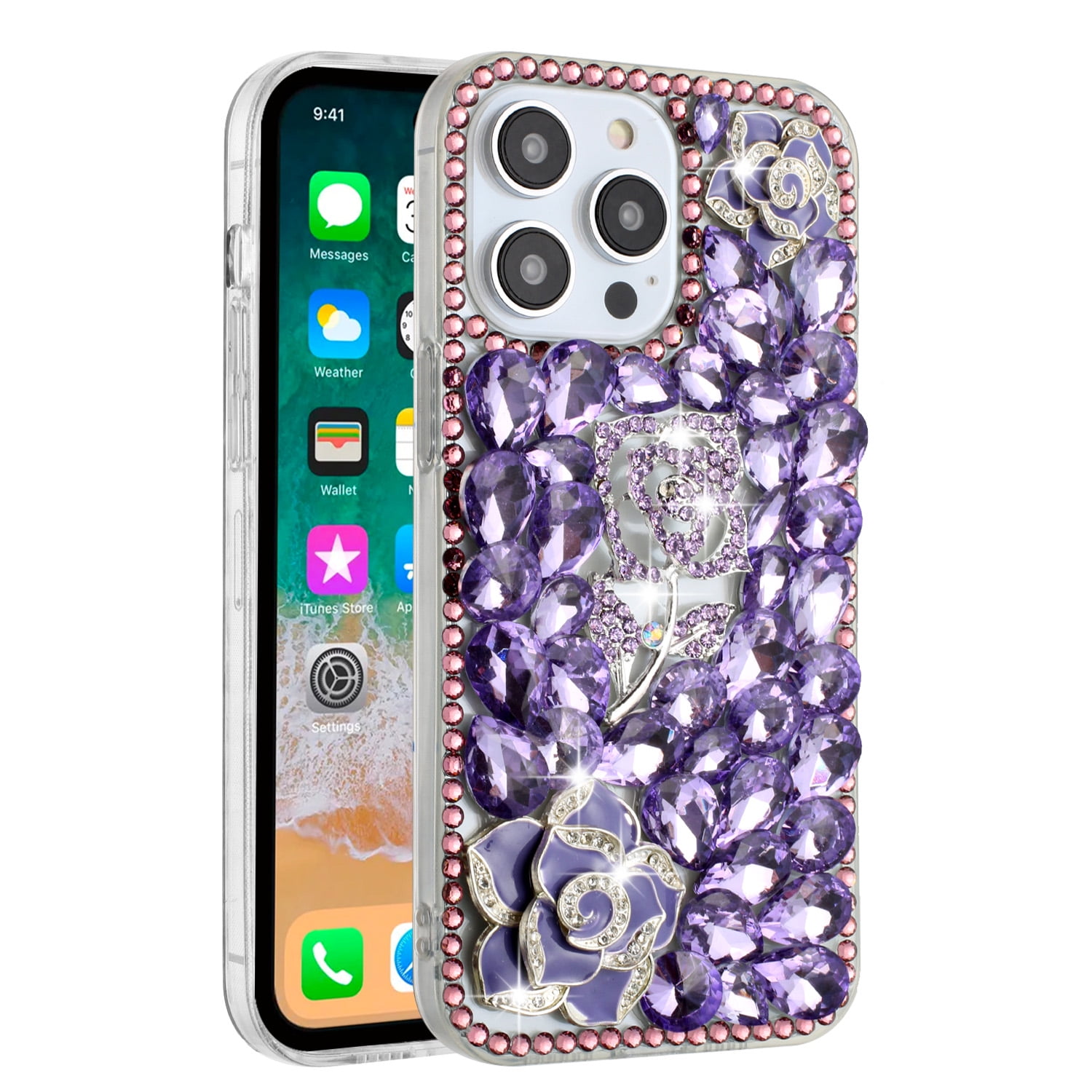 For Apple iPhone 14 Pro Max (6.7") Flowers Bling Crystal 3D Full Diamonds  Luxury Sparkle Rhinestone Glitter Hybrid Cover ,Xpm Phone Case [ Floral ...