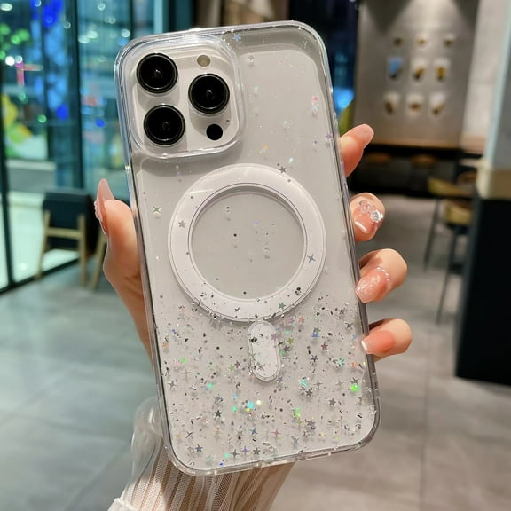 For Apple iPhone 14 Pro Max (6.7") Gradient Clear Hybrid with MagSafe Compatible Glitter Stars Flakes Luxury Bling Case Cover fit iPhone 14 Pro Max - Silver