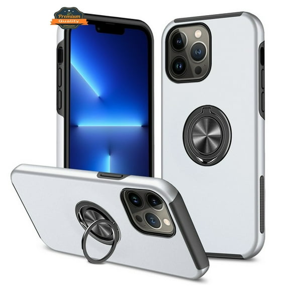 For Apple iPhone 14 Pro Max (6.7") Hybrid Military Grade with Flat Metal Ring Stand 360° Rotation Kickstand Hard PC Back Phone Case Cover by Xpression - Silver