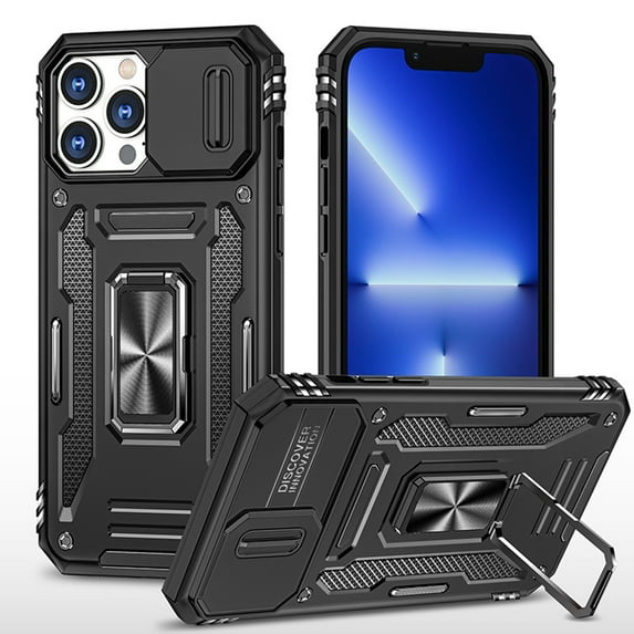 For Apple iPhone 14 Pro Max (6.7") Hybrid Slide Camera Protection & 360° Rotateable Ring Stand, Heavy Duty Military Case Cover fit iPhone 14 Pro Max - Black
