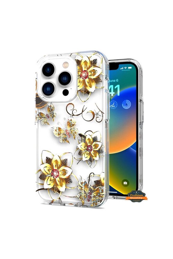 For Apple iPhone 14 Pro Max (6.7") Hybrid Trendy Image Patterns Design Transparent Hard Back Shockproof TPU Phone Case Cover by Xpression - Gold Flowers