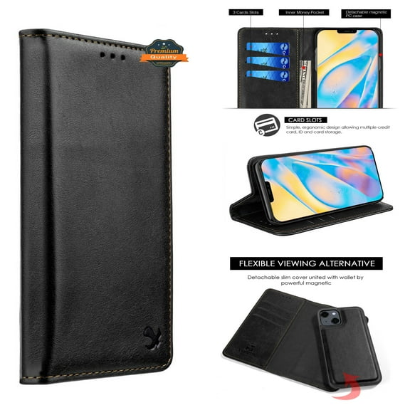 For Apple iPhone 14 Pro Max (6.7") Leather Wallet Pouch Magnetic Detachable Credit Card Slot Removable Flip Stand Case Cover fit iPhone 14 Pro Max - Black