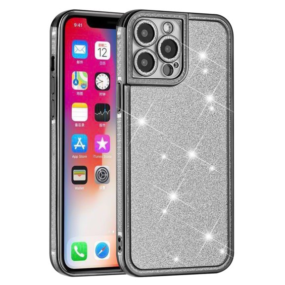 For Apple iPhone 14 Pro Max (6.7") Luxury Chromed Edge Glitter Star Bling Thick TPU Shiny Bling Protective Frame Cover ,Xpm Phone Case [ Black ]