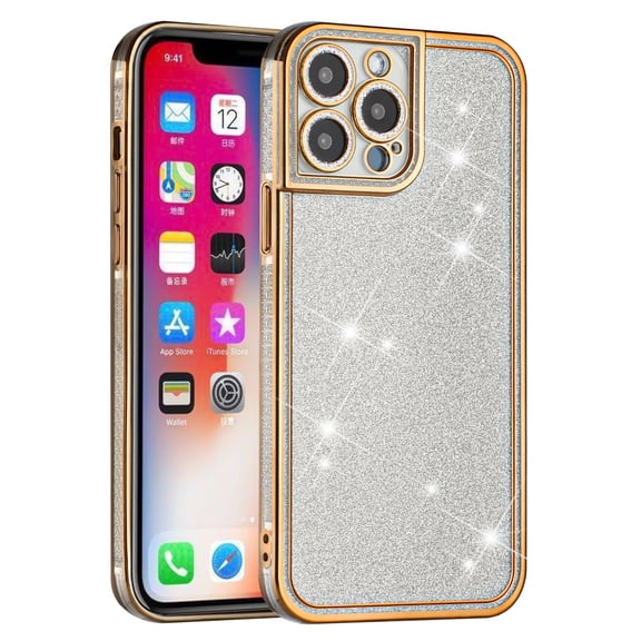 For Apple iPhone 14 Pro Max (6.7") Luxury Chromed Edge Glitter Star Bling Thick TPU Shiny Bling Protective Frame Cover ,Xpm Phone Case [ Gold ]