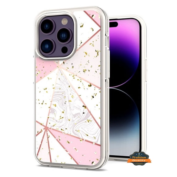 For Apple iPhone 14 Pro Max (6.7") Pattern Design Bling Glitter Shockproof Hybrid TPU Frame and Hard Back Slim Phone Case Cover by Xpression - Marble Pink