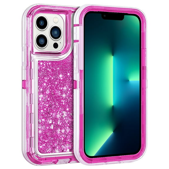 For Apple iPhone 14 Pro Max 6.7 inch Dual Layer Protective Shockproof Tough Defender Sparkling Liquid Glitter Heart Case Cover Pink