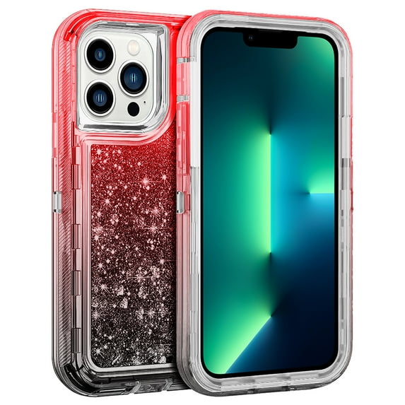 For Apple iPhone 14 Pro Max 6.7 inch Dual Layer Protective Shockproof Tough Defender Sparkling Liquid Glitter Heart Case Cover Red/Black