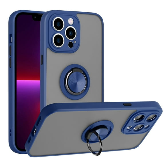 For Apple iPhone 14 Pro Max 6.7 inch Impact Metal Ring Holder Stand Magnetic Car Mount Protective Hybrid Case Cover Blue