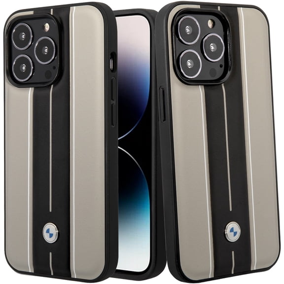 For Apple iPhone 14 Pro Max - (BMW) - SIGN HC LEATHER HOT STAMP LINES BICOLOR BEIGE (BMW#25)