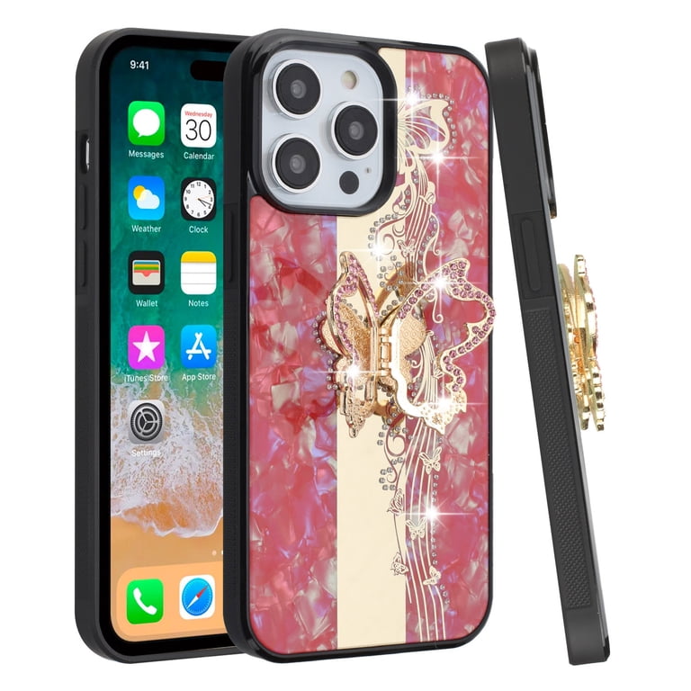 For Apple iPhone 14 Pro Max Diamond Bling Sparkly 3D Ornaments Engraving Hybrid with Ring Stand Fashion Cover ,Xpm Phone Case [ Enchanted Butterfly