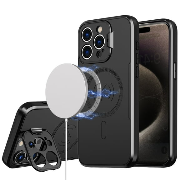 For Apple iPhone 14 Pro Max Foldable Kickstand Camera Protector 2in1 Hybrid MagSafe Compatible Bumper Magnetic Cover ,Xpm Phone Case [ Black ]