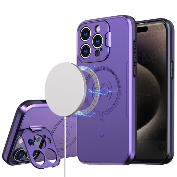 For Apple iPhone 14 Pro Max Foldable Kickstand Camera Protector 2in1 Hybrid MagSafe Compatible Bumper Magnetic Cover ,Xpm Phone Case [ Purple ]