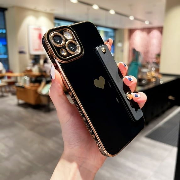For Apple iPhone 14 Pro Max Slim Rubber Cute Love Heart Wrist Strap Stand Shockproof Case Cover