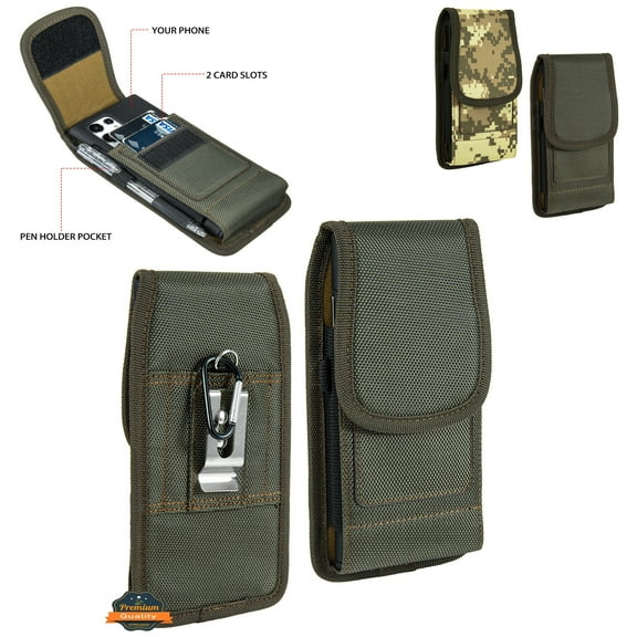 For Apple iPhone 14 Pro Max Universal Nylon Pouch Case Vertical Phone Holster with Dual Card Slots, Pen Holder, Belt Clip Loop & Hook Cover - Green