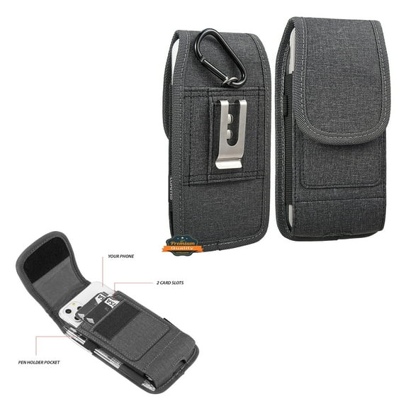For Apple iPhone 14 Pro Max Universal Vertical Fabric Case Holster with Dual Credit Card Slots, Belt Loop & Carabiner Carrying Phone Pouch - Black