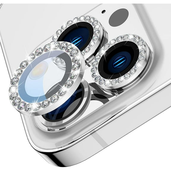 For Apple iPhone 14 Pro / iPhone 14 Pro Max Diamond Bling Ring Crystal Tempered Glass Camera Len Protector Cover Silver