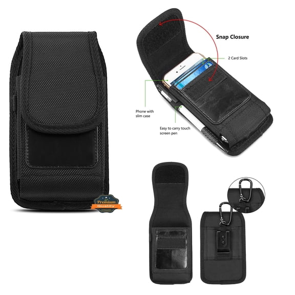 For Apple iPhone 14 Universal Vertical Nylon Case Holster with 2 Card Slots, Pen Holder, Belt Clip Loop & Hook Carrying Phone Pouch - Black