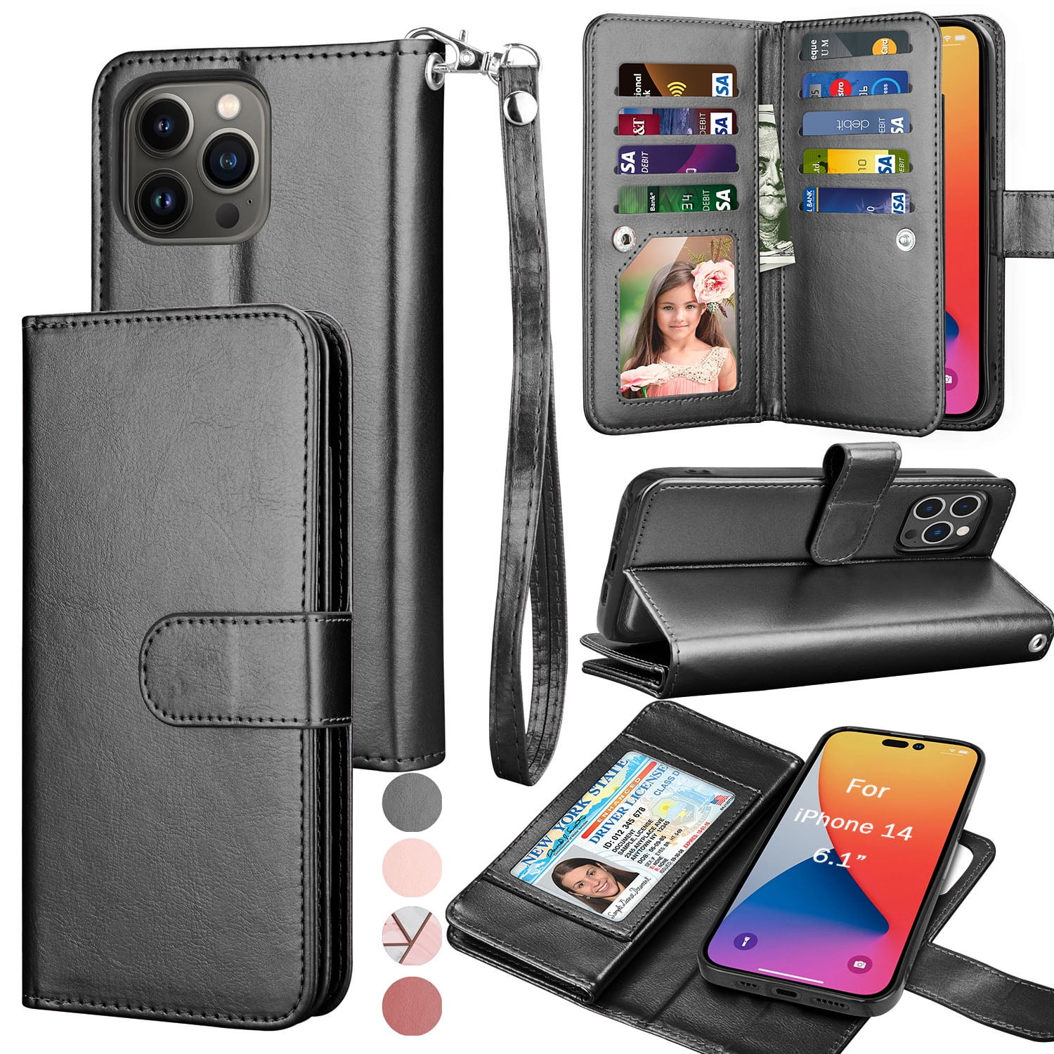 EBIZCITY Wallet Case for iPhone 14, PU Leather, Card Slots, Detachable ...