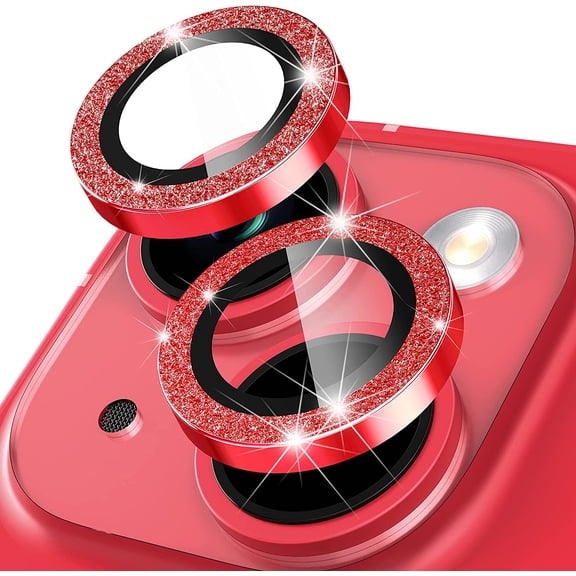For Apple iPhone 14 / iPhone 14 Plus Bling Bling Ring Crystal Tempered Glass Camera Len Protector Cover Red