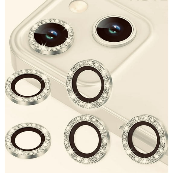 For Apple iPhone 14 / iPhone 14 Plus Diamond Bling Ring Crystal Tempered Glass Camera Len Protector Cover Gold