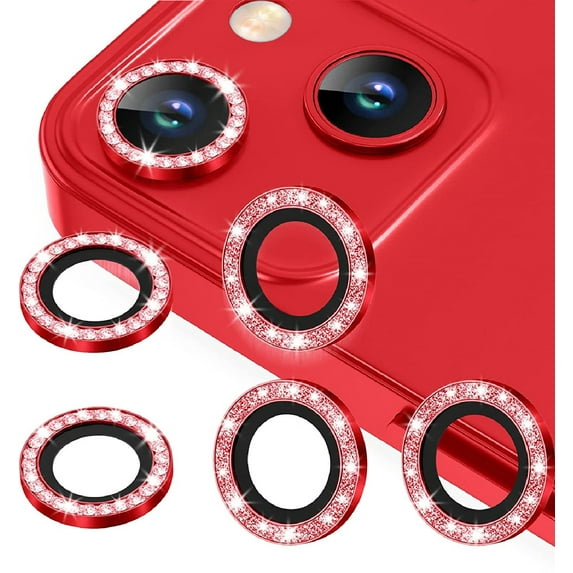 For Apple iPhone 14 / iPhone 14 Plus Diamond Bling Ring Crystal Tempered Glass Camera Len Protector Cover Red