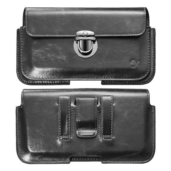 For Apple iPhone 15 /15 Pro Horizontal Universal Pouch Cell Phone Case PU Leather Holster Belt Clip with Clip Hardware Closure, Medium Size up to 5.7" - Black