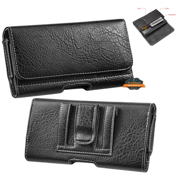 For Apple iPhone 15 /15 Pro Universal Horizontal Cell Phone Leather Pouch Holster Carrying Case with Credit Card Slots & Belt Clip Loop (Size 5.7") - Black