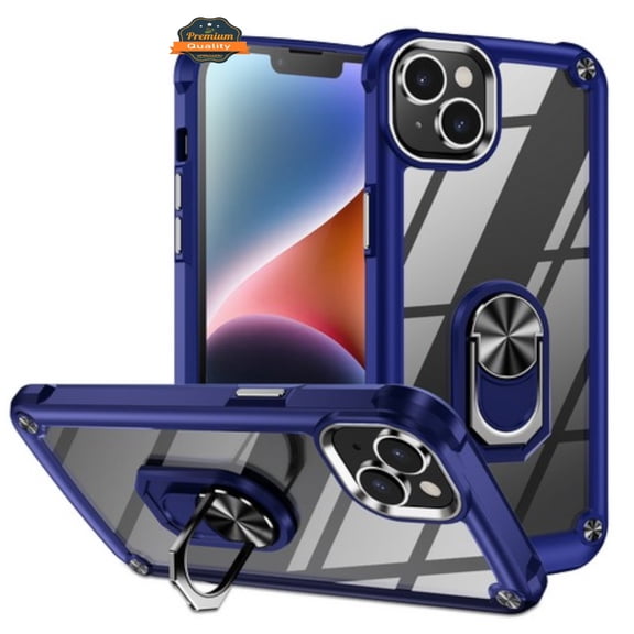 For Apple iPhone 15 (6.1") Clear Transparent Hybrid with 360° Magnetic Ring Stand PC Heavy Duty Shockproof Hard Back Phone Case Cover by Xpression - Blue
