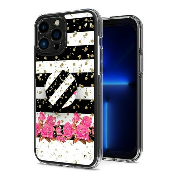 For Apple iPhone 15 (6.1") Elegant Pattern Design Bling Glitter Hybrid Cases with Ring Stand Pop Up Finger Holder Kickstand Phone Case Cover by Xpression - Black White