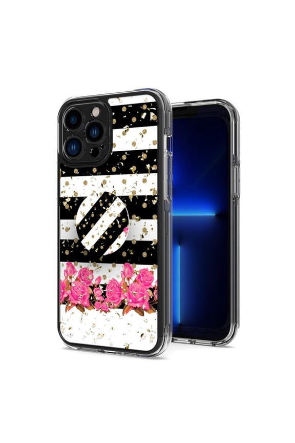 For Apple iPhone 15 (6.1") Elegant Pattern Design Bling Glitter Hybrid Cases with Ring Stand Pop Up Finger Holder Kickstand Phone Case Cover by Xpression - Black White