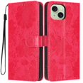 thumbnail image 1 of For Apple iPhone 15 6.1" Flower Embossed Buckle Case, Card Slots/Pocket, PU Leather Flip Wallet Case With Short Wrist Strap,Red,For iPhone 15, 1 of 7