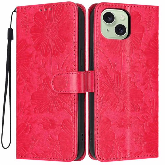 For Apple iPhone 15 6.1" Flower Embossed Buckle Case, Card Slots/Pocket, PU Leather Flip Wallet Case With Short Wrist Strap,Red,For iPhone 15