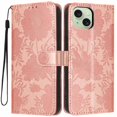 thumbnail image 1 of For Apple iPhone 15 6.1" Flower Embossed Buckle Case, Card Slots/Pocket, PU Leather Flip Wallet Case With Short Wrist Strap,Rose gold,For iPhone 15, 1 of 7