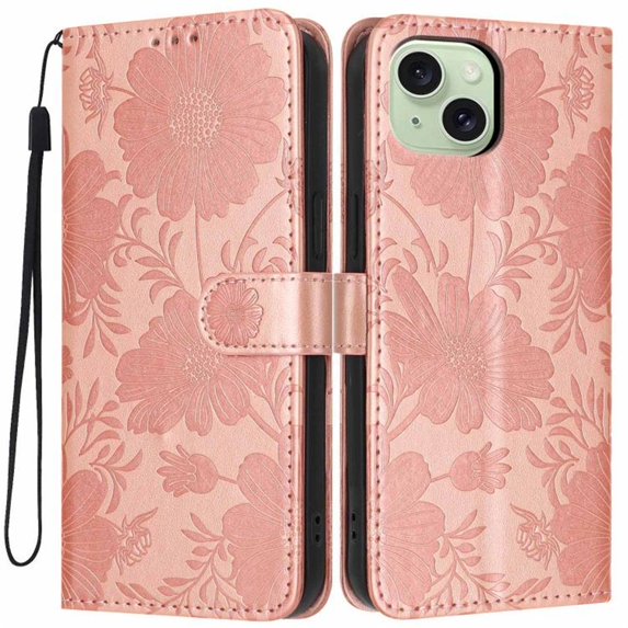 For Apple iPhone 15 6.1" Flower Embossed Buckle Case, Card Slots/Pocket, PU Leather Flip Wallet Case With Short Wrist Strap,Rose gold,For iPhone 15