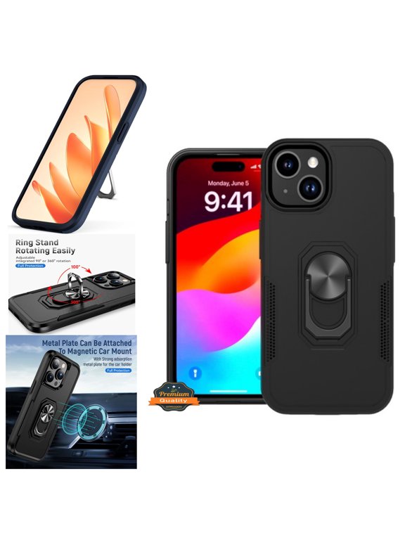For Apple iPhone 15 (6.1") Military Grade Armor Heavy Shockproof Hybrid with Kickstand Built-in 360°Rotate Ring Stand Phone Case Cover by Xpression - Black
