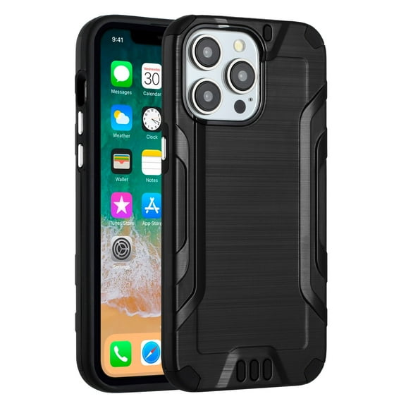 For Apple iPhone 15 (6.1") Strong Tough Metallic Brush Texture Design Hybrid Dual Layers Hard PC + TPU Rubberized Silicone Cover ,Xpm Phone Case [ Black ]
