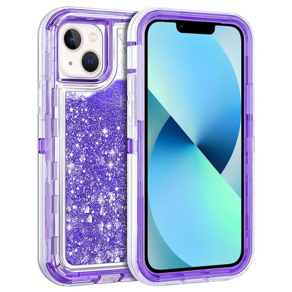 For Apple iPhone 15 6.1 inch Dual Layer Protective Shockproof Tough Defender Sparkling Liquid Glitter Heart Case Cover Purple