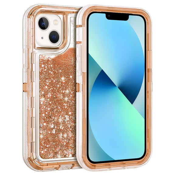 For Apple iPhone 15 6.1 inch Dual Layer Protective Shockproof Tough Defender Sparkling Liquid Glitter Heart Case Cover Rose Gold