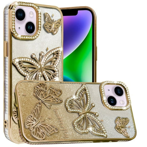 For Apple iPhone 15 Case, Luxury Butterfly Sparkle Glitter Diamond Crystal Rhinestone Shimmer Bling Plating Thick TPU Hard PC Phone Cover (Gold)