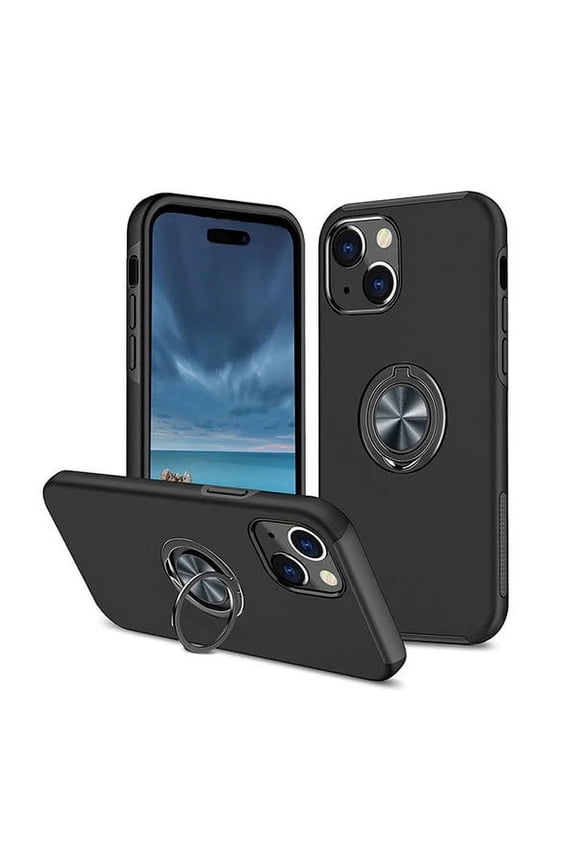 For Apple iPhone 15 Heavy Duty with Built in Ring Case, Kickstand Rugged Phone Cover Magnetic Car Mount Compatible - Black
